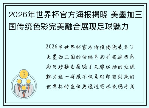2026年世界杯官方海报揭晓 美墨加三国传统色彩完美融合展现足球魅力 2026年世界杯官方海报揭晓 美墨加三国传统色彩完美融合展现足球魅力